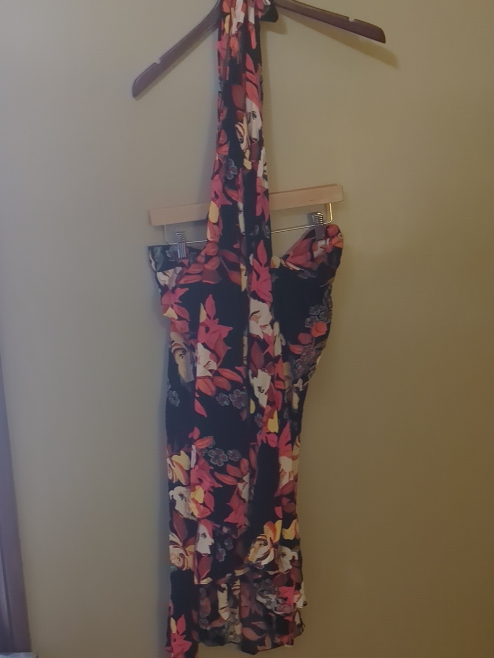 Backless Floral Halter Dress - Black with Pink & White Floral
